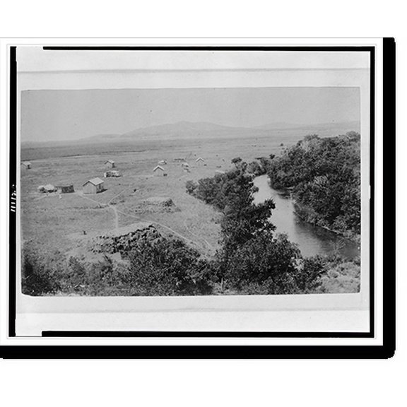 Historic Print, [Bird's-eye view of rural buildings and creek or river, in Indian territory], 16" x 20"