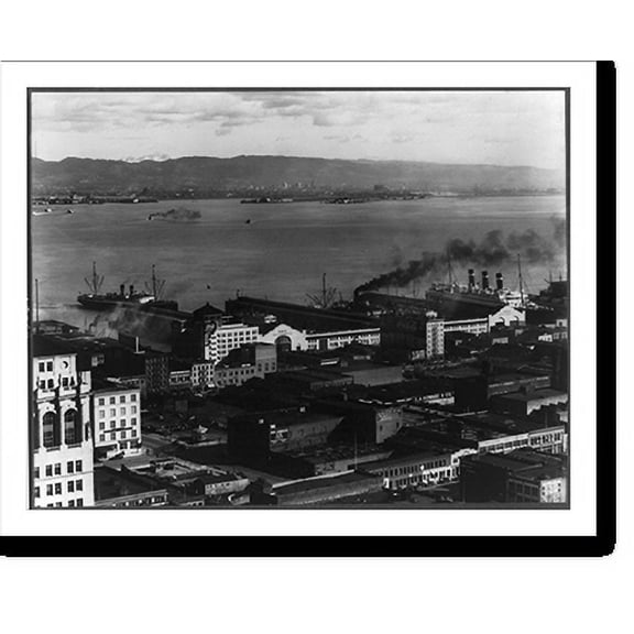 Historic Print, [Bird's-eye view of waterfront, San Francisco, Calif. In the distance the cities of Oakland and Berkeley dot the hills of the East Bay. The snow-capped tip of Mt. Diablo...18" x 24"