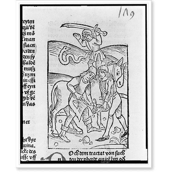 Historic Print, [Blacksmith shoeing a horse while a man with large sword slays a snake in the background], 16" x 20"