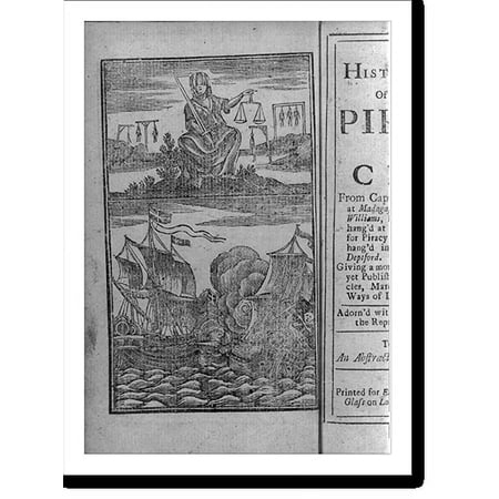 Historic Print, [Blind Justice holding sword and scales; 7 men on gallows in bg; Brit. warship and pirate ship in close combat below (frontispiece)], 16" x 20"