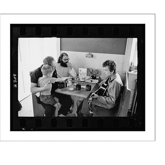 Historic Print, [Bob Dylan with guitar, Alan Ginsburg, and man with a child, seated in breakfast nook in kitchen].Gilbert-Look., 16" x 20"
