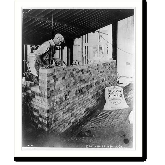 Historic Print, Bricklayer at work; sack of cement prominently displayed; advertisement for Smith Beal fire brick co., 16" x 20"