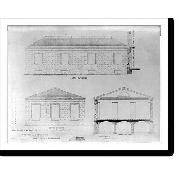 Historic Print, Building in courtyard, post office extension, 16" x 20"