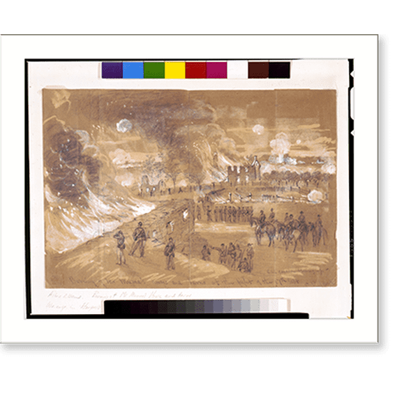Historic Print, Burning of Mr. Muma's [sic] houses and barns at the fight of the 17th of Sept. - 3, 16" x 20"