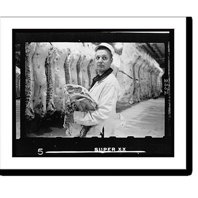 Historic Print, [Butcher holding slab of beef in a meat locker], 16" x
