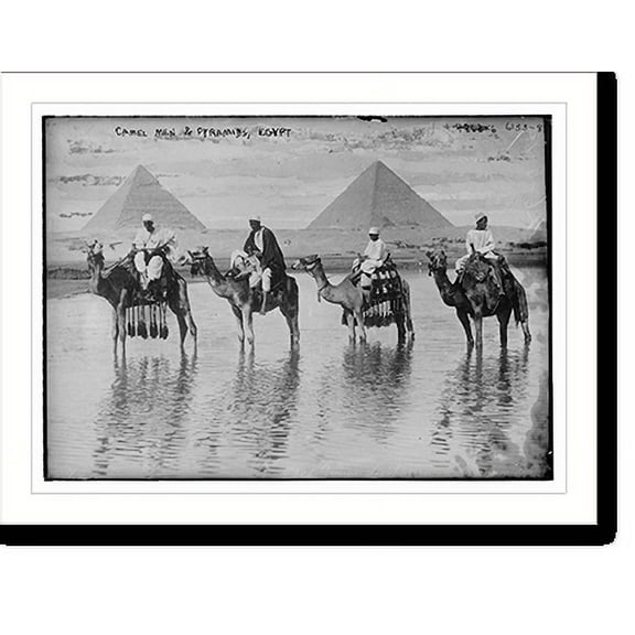 Historic Print, Camel men & pyramids, Egypt, 18" x 24"