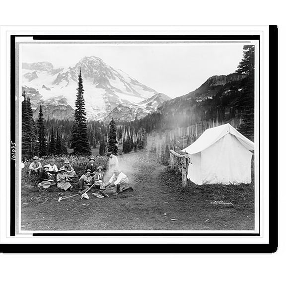 Historic Print, [Camping party of men and women cooking at campfire and eating near tent in Indian Henry, Mt. Rainier National Park, Washington].Curtis & Miller., 16" x 20"