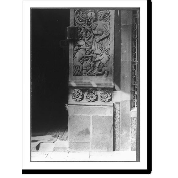 Historic Print, Casa del qua mató al animal. Sculptured ornament on doorway, Hotel (restaurant) Italia, Puebla, Mexico, 16" x 20"