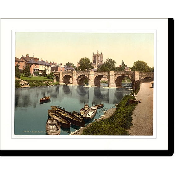 Historic Print, Cathedral and Wye bridge Hereford England, 16" x 20"