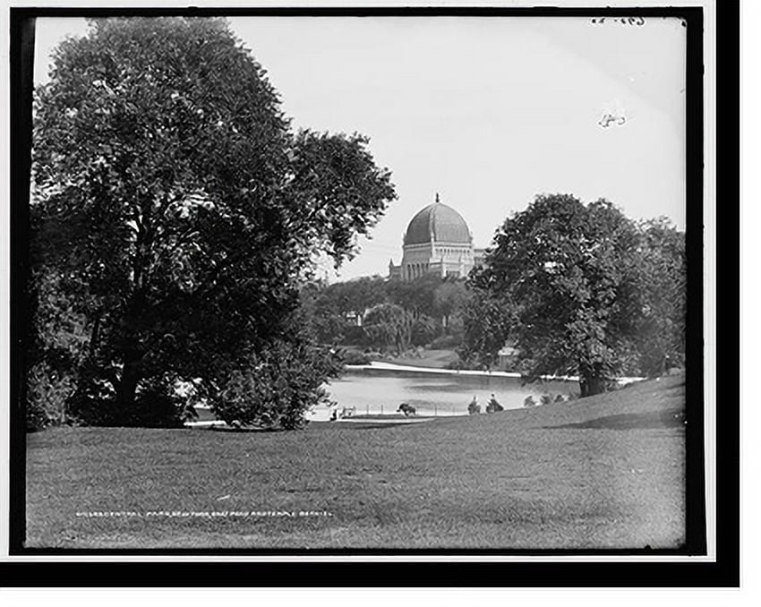 Historic Print, Central Park, New York, boat pond and Temple BethEl