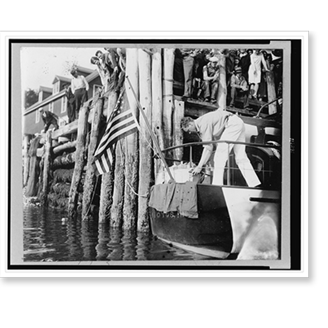 Historic Print, [Charles Lindbergh on small boat dockside], 16" x 20