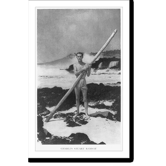 Historic Print, [Charles Stuart Ramsay, The swimming mail man of the South Seas", full, standing, holding "swimming pole"]", 16" x 20"