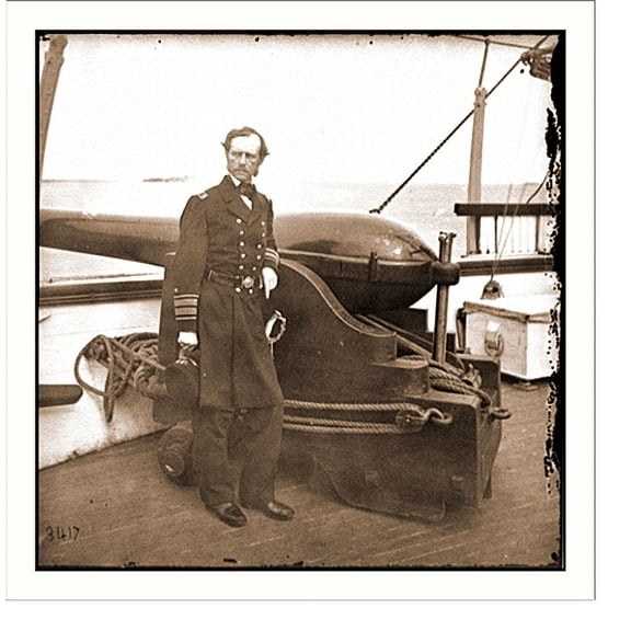 Historic Print, Charleston Harbor S.C. Rear Admiral John A. Dahlgren standing by a Dahlgren gun on, 16" x 20"