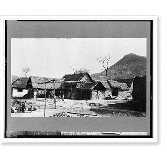 Historic Print, [China. mud-brick houses with thatch roofs, people in yard in foreground], 18" x 24"