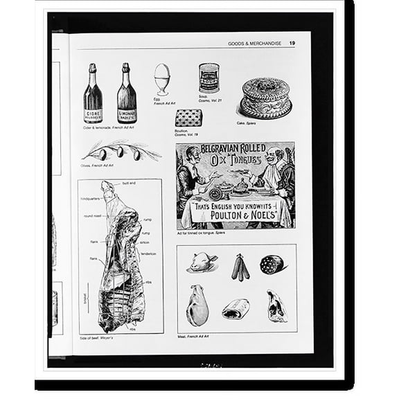 Historic Print, [Cider & lemonade, egg, bouillon, soup, cake, olives, ad for tinned ox tongue, side of beef, and meat], 16" x 20"