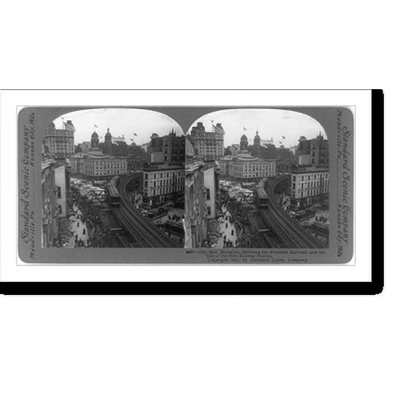 Historic Print, City Hall, Brooklyn, showing the elevated railroad and the site of the new subway station, 16" x 20"