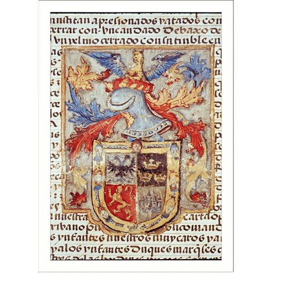 Historic Print, Coat of arms of Hernando Cortes, granted him by Emperor Charles V - Drawing from 5th sheet of grant, 18" x 24"