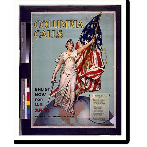 Historic Print, Columbia calls. Enlist now for U.S. Army. designed by Frances Adams Halsted painted by V. Aderente., 18" x 24"