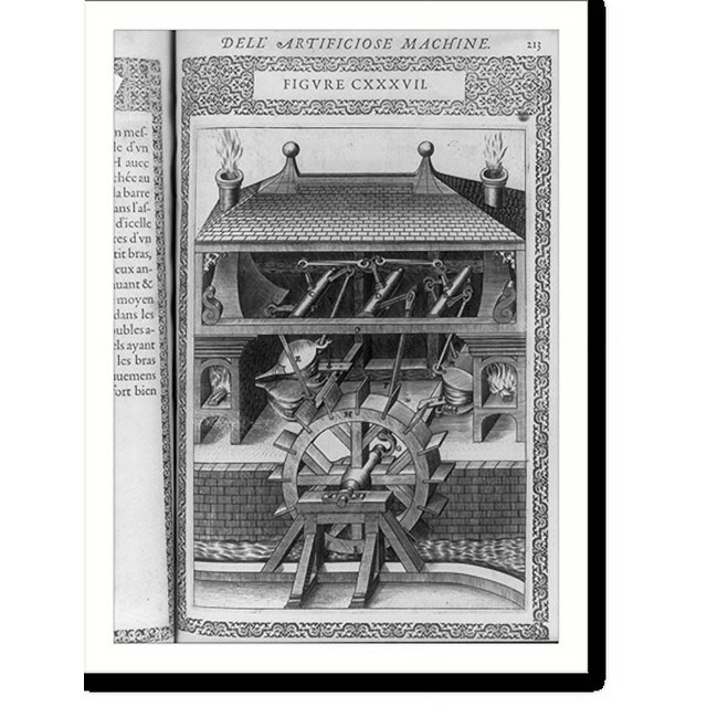 Historic Print, machine using waterwheel, bellows, and