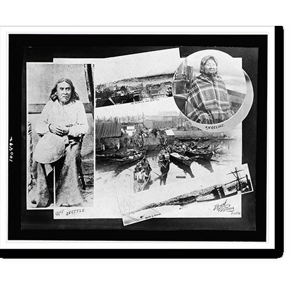 Historic Print, [Composite of photographs: full-length portrait of Chief Seattle, half-length portrait of Angeline, and views of Mt. Rainier and Seattle, Wash.].Boyd and Braas photo., 18" x 24"