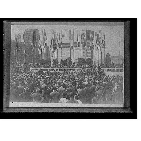 Historic Print, [Crowd at ceremony next to tower with flags], 16" x 20"