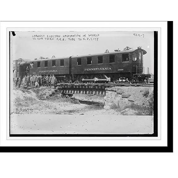 Historic Print, Crowd standing in front of Penn. R.R. car . the largest electric locomotive in the world, to run through Penn. R.R. tube to N.Y. City, 16" x 20"