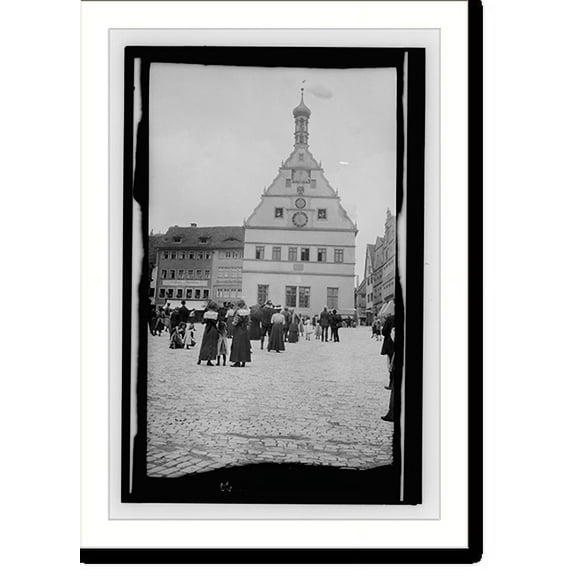 Historic Print, Crowd watching post office clock. Rothenburg, 18" x 24"
