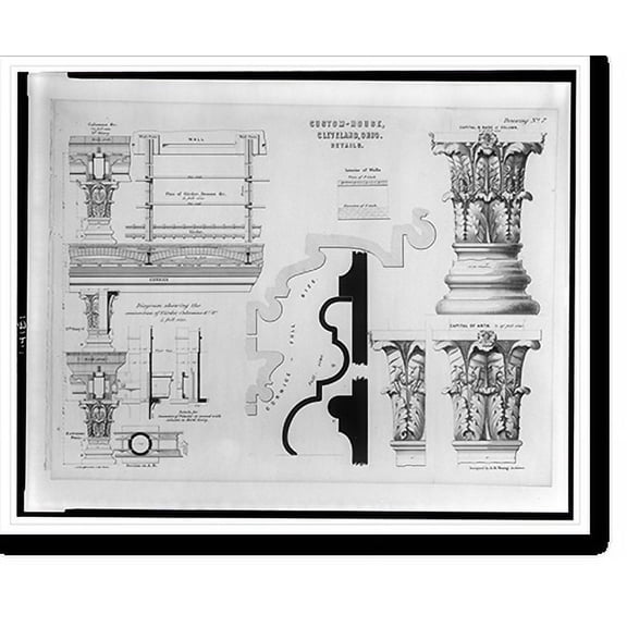Historic Print, [Customs house (Custom House"), Larned Street, Cleveland, Ohio. Column capital details, girder and column diagram]", 16" x 20"