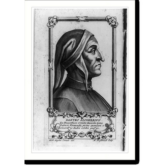Historic Print, Dante Alighieri, 1265-1321 - illus. from Divine Comedy: bust portr., right profile, frontis. v. 1. of 1727 ed., 18" x 24"