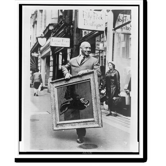 Historic Print, [David Mann walks down Bond Street in London carrying a Picasso painting, Mother and Child, he purchased at auction at Sotheby's], 16" x 20"