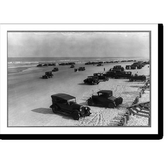 Historic Print, [Daytona Beach, Florida, with automobiles parked on the sand], 16" x 20"