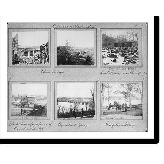Historic Print, [Defense of Washington - 6 views: 2 views of Chain Bridge, Pimmitt Run Bridge (small bridge near Chain Bridge), Block House for defense of Aqueduct Bridge, and Georgetow…16" x 20"