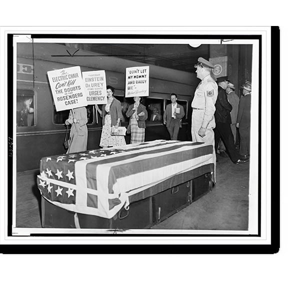 Historic Print, [Demonstrators leaving New York's Pennsylvania Station bound for Washington, D.C., carry signs supporting Ethel and Julius Rosenberg as they walk by a soldier's flag-dra…16" x 20"
