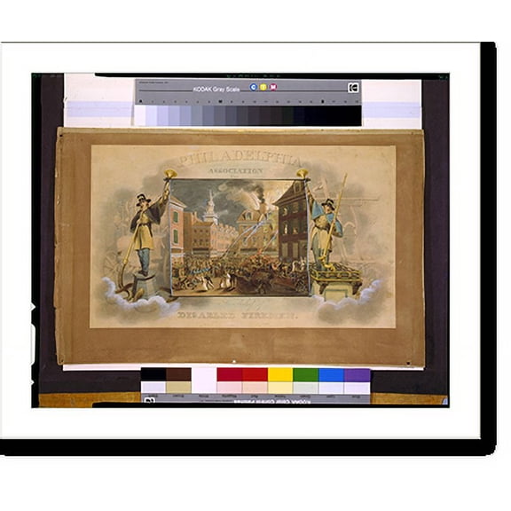 Historic Print, [Design for a certificate for the Philadelphia Association for the Relief of Disabled Firemen, with a view of a fire at 7th and Sansom Streets in Philadelphia], 18" x 24"