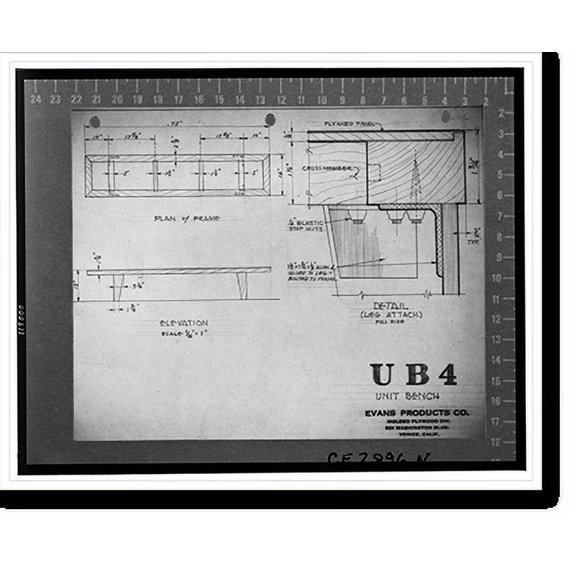 Historic Print, [Design drawing for a bench (UB4, Unit bench")].Evans Products Co., Molded Plywood Div.", 16" x 20"
