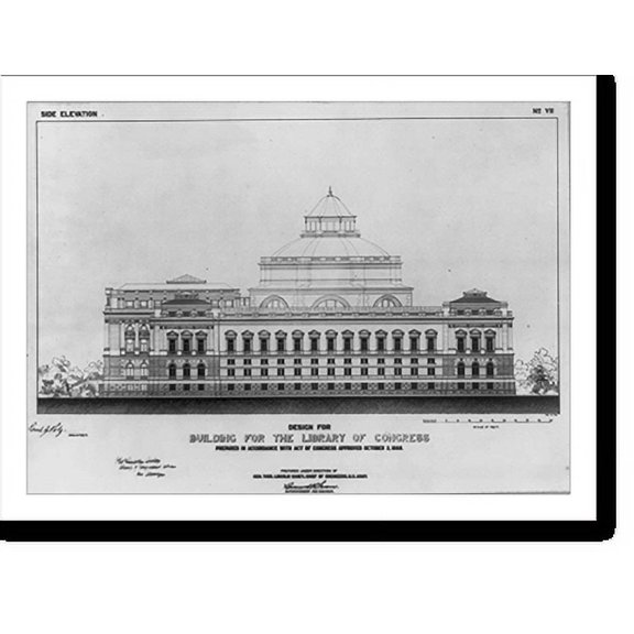 Historic Print, Designs for Building for the Library of Congress: Side elevation, no. VII, 16" x 20"