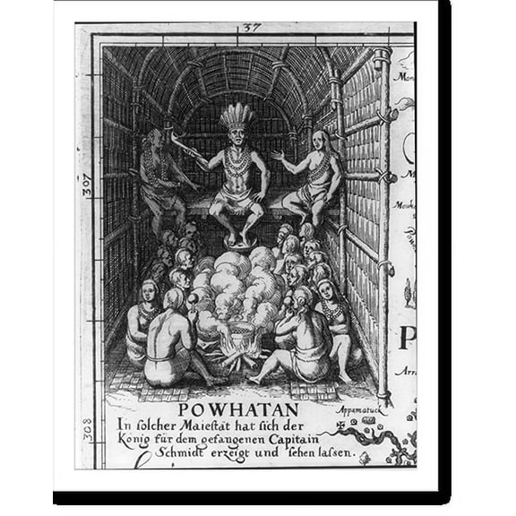 Historic Print, [Detail of A map of Virginia of 1612, showing Powhatan in the royal wigwam. He wears a crown of feathers], 16" x 20"