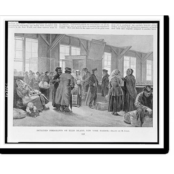 Historic Print, Detained immigrants on Ellis Island, New York harbor.Drawn by M. Colin., 18" x 24"