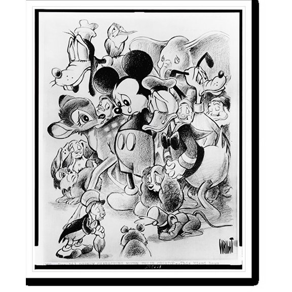 Historic Print, Disney characters mourn their creator. this Miami News cartoon by artist Don Wright, shows Mickey Mouse and Donald Duck, surrounded by other characters, mourning the dea…16" x 20"