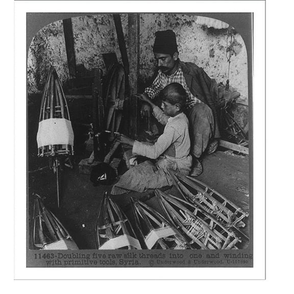 Historic Print, Doubling five raw silk threads into one and winding with primitive tools, Syria, 18" x 24"