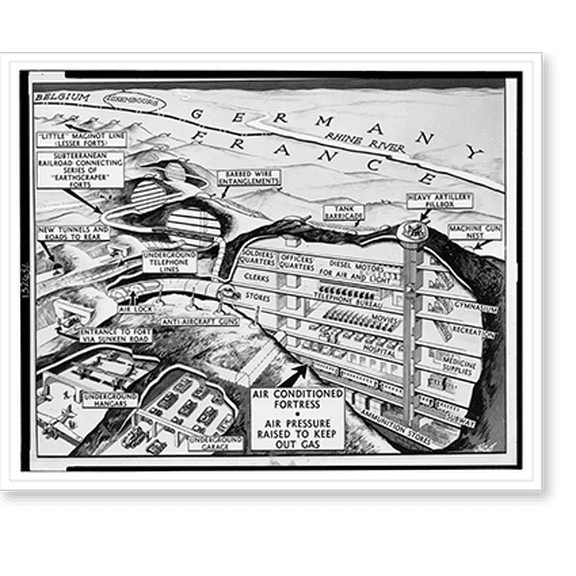 Historic Print, [Drawing that shows a cross-section, with labels, of the fortifications along the Maginot Line between France and Germany].HCD., 16" x 20"