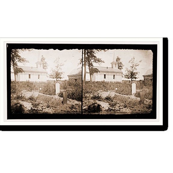 Historic Print, Drewrys Bluff Virginia. Chapel at Fort Darling and soldiers graves, 18" x 24"