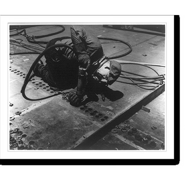 Historic Print, Driving rivets on the main deck of the SS AMERICA