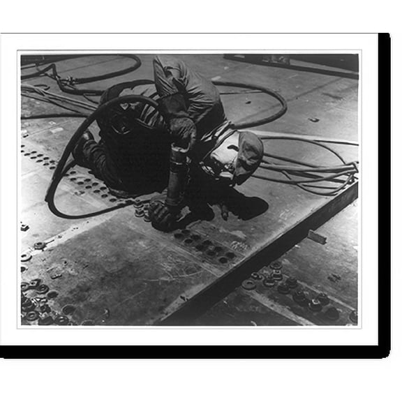 Historic Print, Driving rivets on the main deck of the SS AMERICA, largest merchant ship ever built in the United States, 18" x 24"