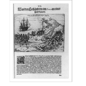 Historic Print, [Dutch soldiers battling natives at Strait of Magellan. Chile. ca. 1600], 16" x 20"