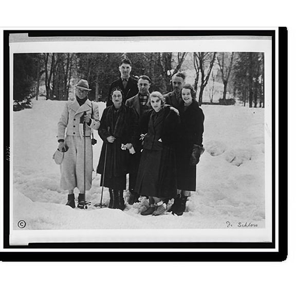 Historic Print, [Edward Windsor, the Prince of Wales, full-length portrait, standing, with Wallis Warfield Simpson and five other people, with skiing equipment in snow], 16" x 20"