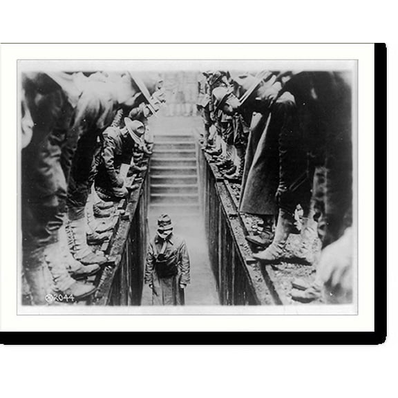 Historic Print, Eliminating the horrors of German gas attacks. The soldier wearing the new gas mask has entered a trench filled with heavy gases as part of the training in all the camps., 16" x 20"