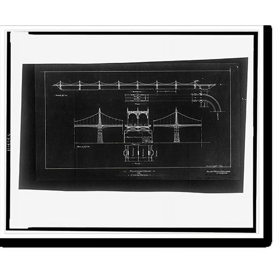 Historic Print, Engineering drawing for a suspension bridge (Proposed design for Chain Bridge") for George Oakley Totten, Jr., Washington, D.C. Plan and elevation", 18" x 24"