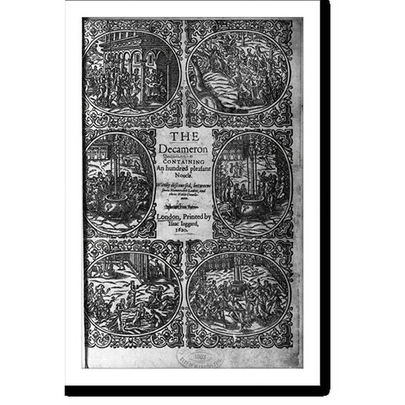 Historic Print, [Engraved title page of Boccaccio's Decameron; 1620 English edition; illus. with 6 scenes], 18" x 24"