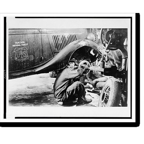 Historic Print, Enrollee straigtening [sic] and adjusting tie rod on forestry pick-up truck, Co. 747, Eagleston [sic], Arkansas, 16" x 20"